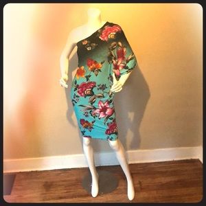 Cache Turquoise One shoulder Tropical Dress S